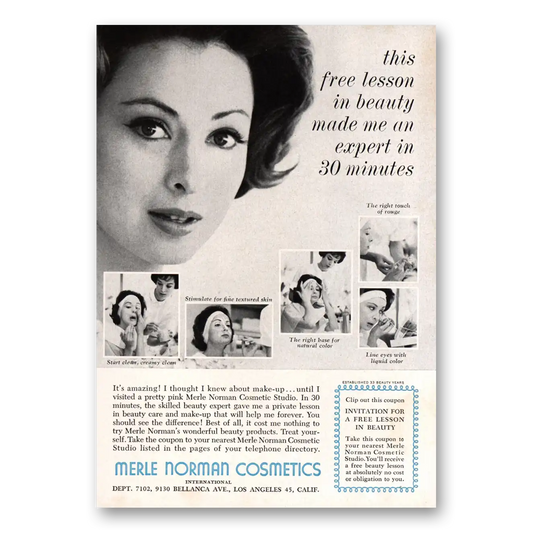 1962 Merle Norman Cosmetics Free Lesson In Beauty Vintage Magazine Print Ad