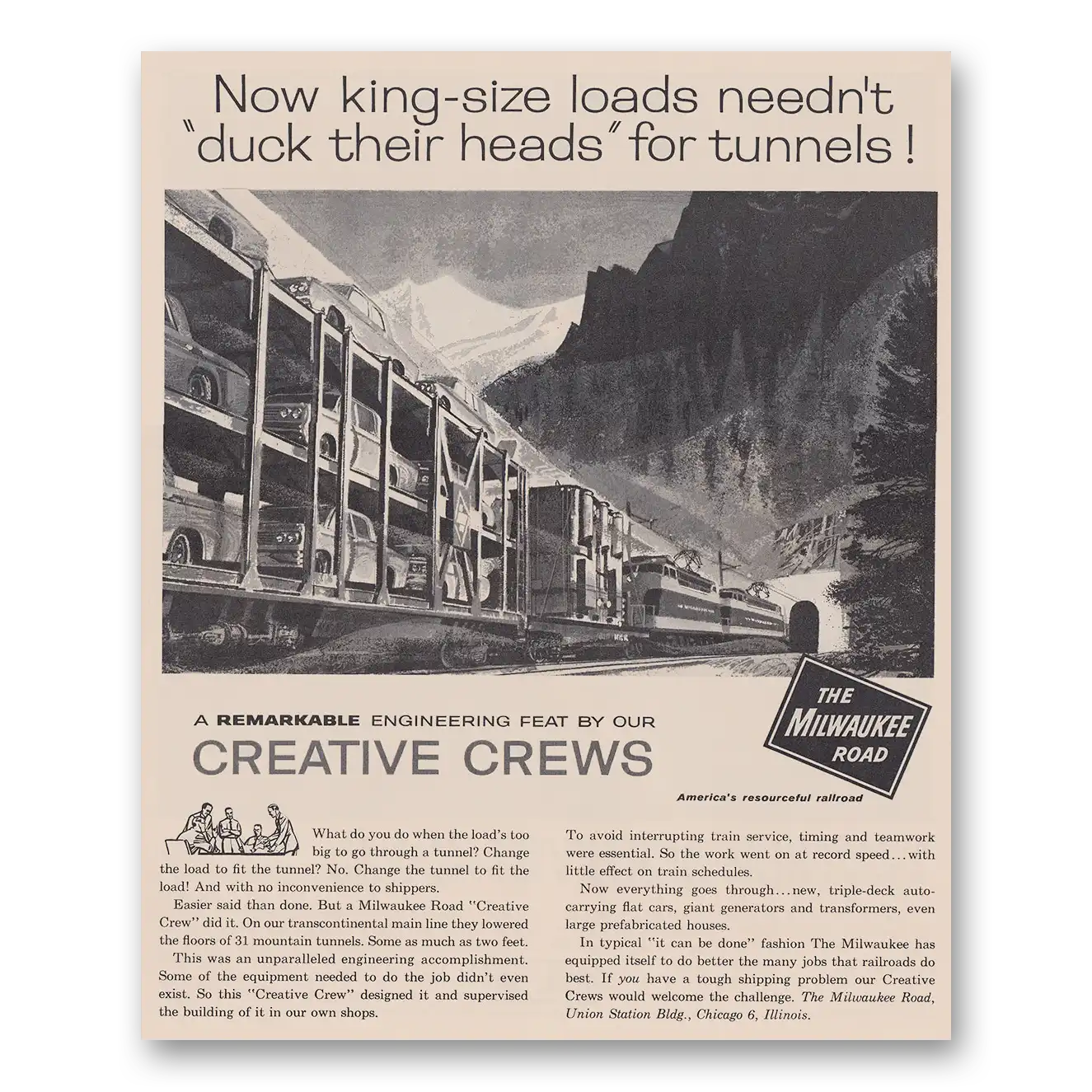 1962 Milwaukee Road Duck Their Heads Creative Crews Vintage Magazine Print Ad