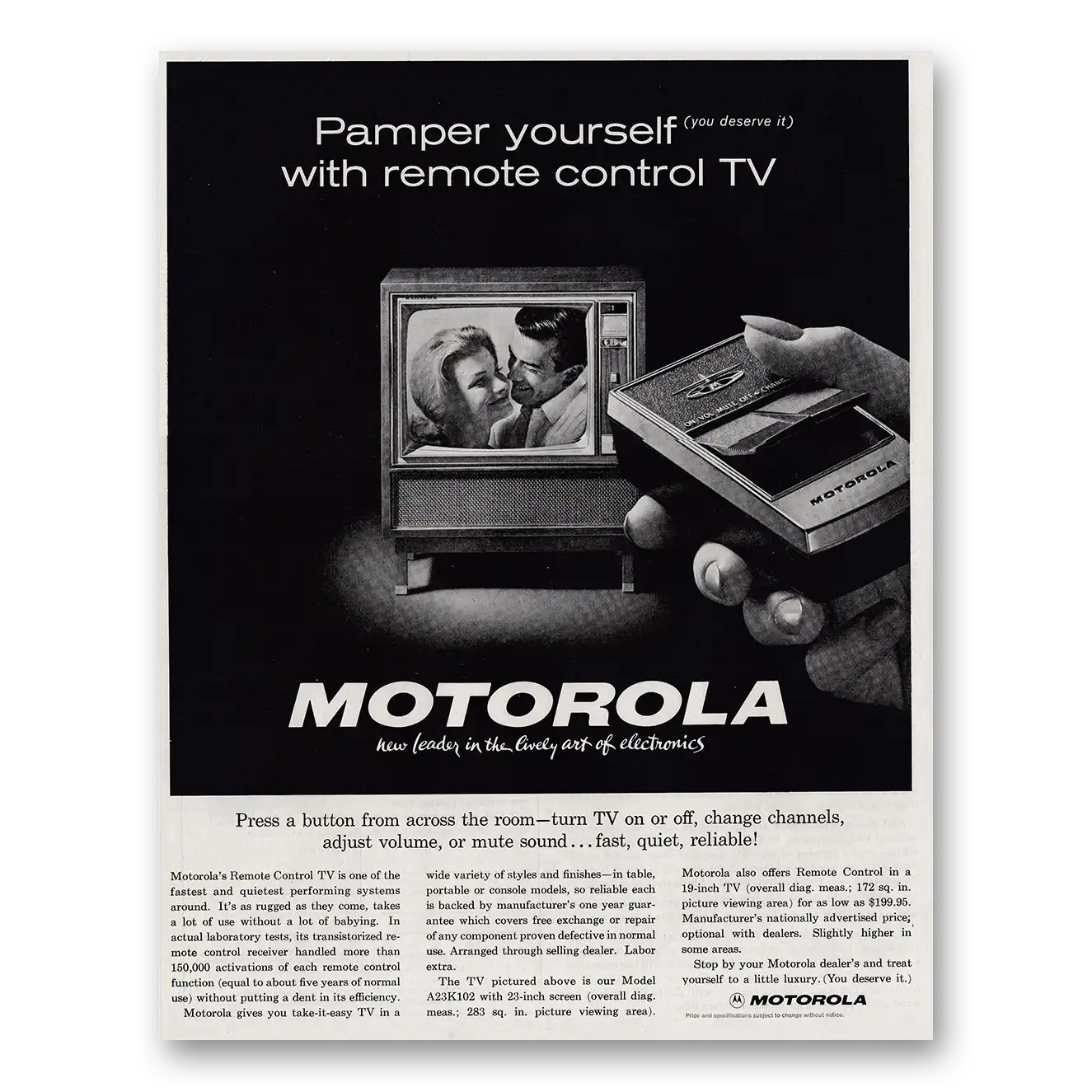 1962 Motorola Television Pamper Yourself With Remote Control TV Vintage Magazine Print Ad