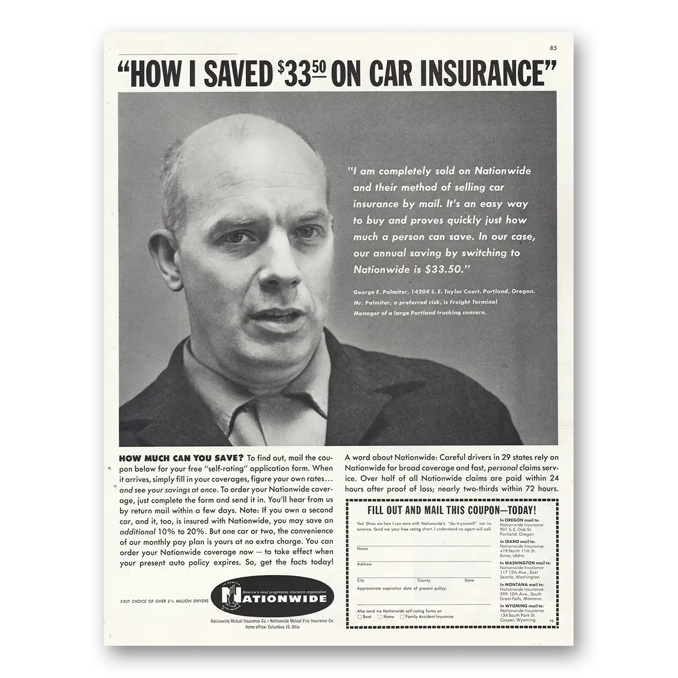 1962 Nationwide Insurance How I Saved On Car Insurance George E Palmiter Vintage Magazine Print Ad