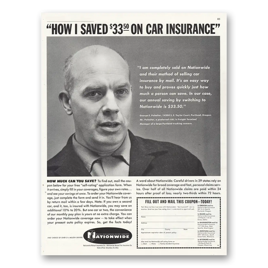 1962 Nationwide Insurance How I Saved On Car Insurance George E Palmiter Vintage Magazine Print Ad