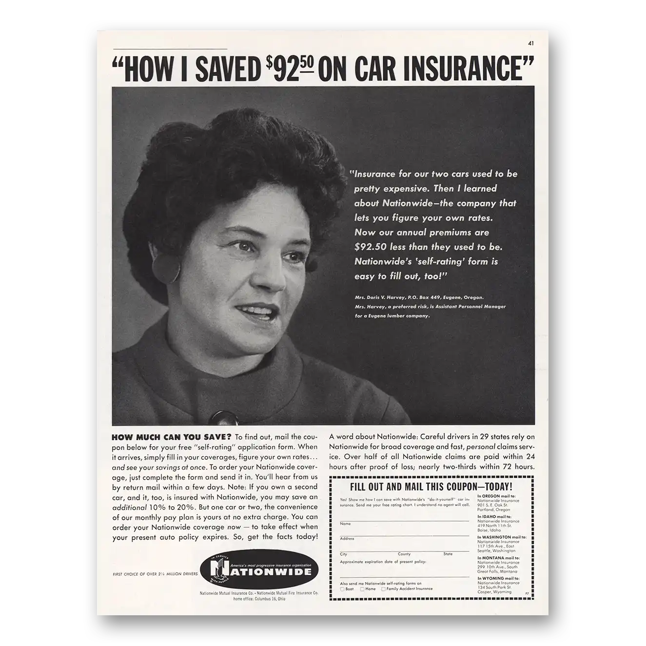 1962 Nationwide Insurance Mrs Doris Harvey How I Saved On Car Insurance Vintage Magazine Print Ad