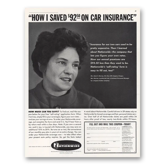 1962 Nationwide Insurance Mrs Doris Harvey How I Saved On Car Insurance Vintage Magazine Print Ad