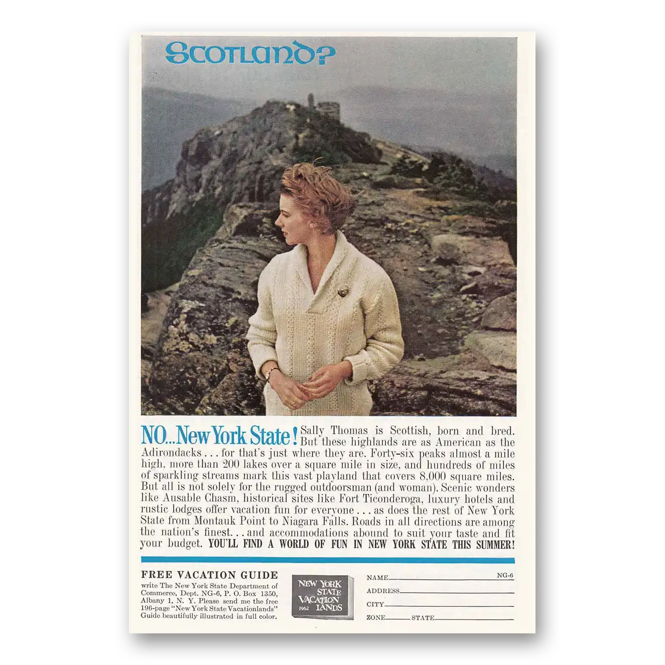 1962 New York Vacation Lands Scotland No New York State Vintage Magazine Print Ad