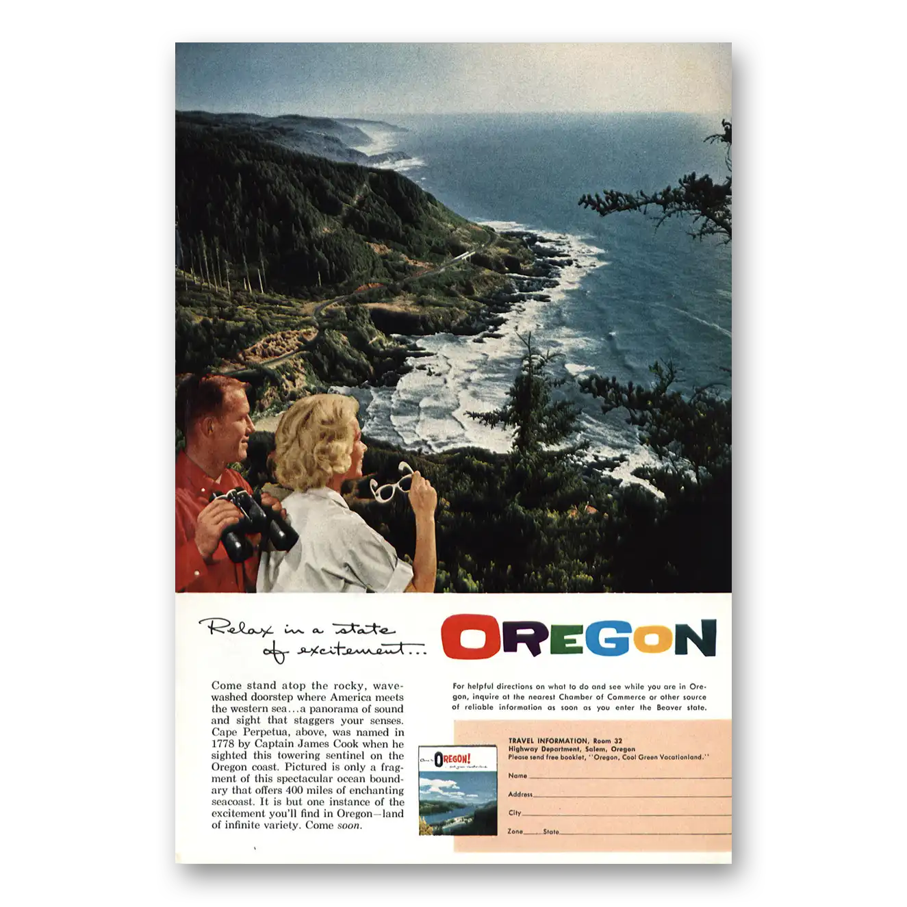 1962 Oregon Stand Atop the Rocky Wavewashed Doorstep Vintage Magazine Print Ad