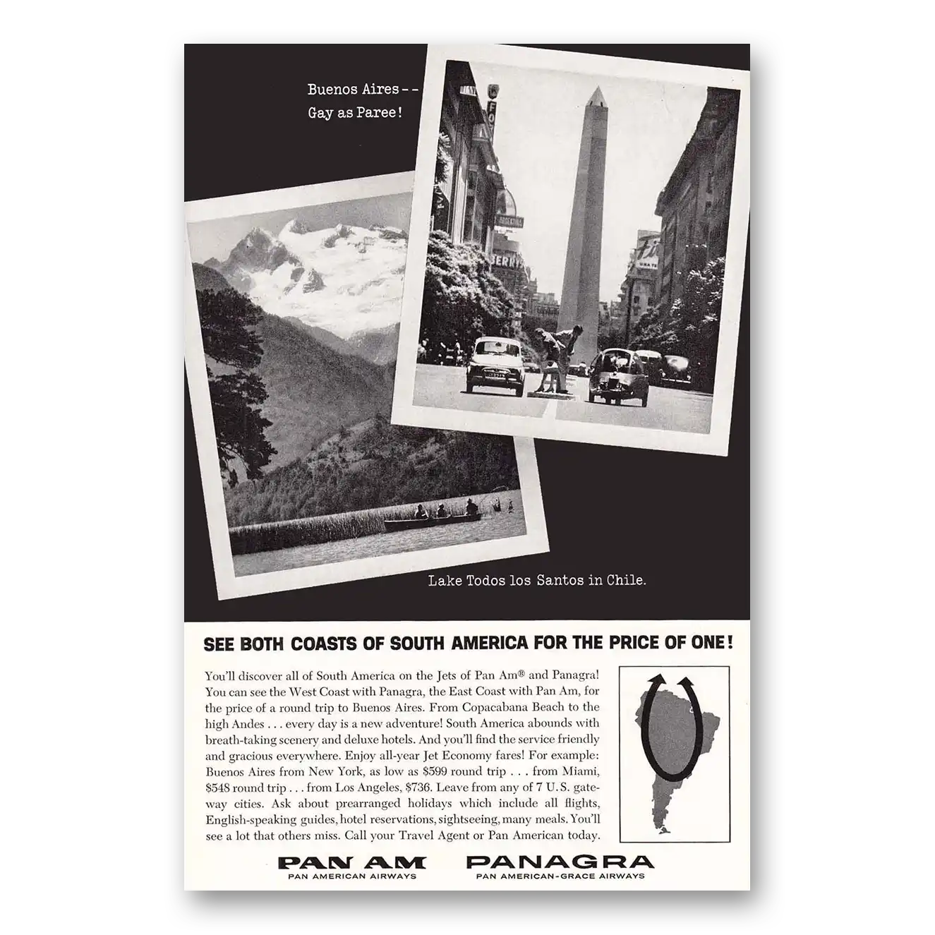 1962 Pan Am Lake Todoes los Santos Buenos Aires Vintage Magazine Print Ad