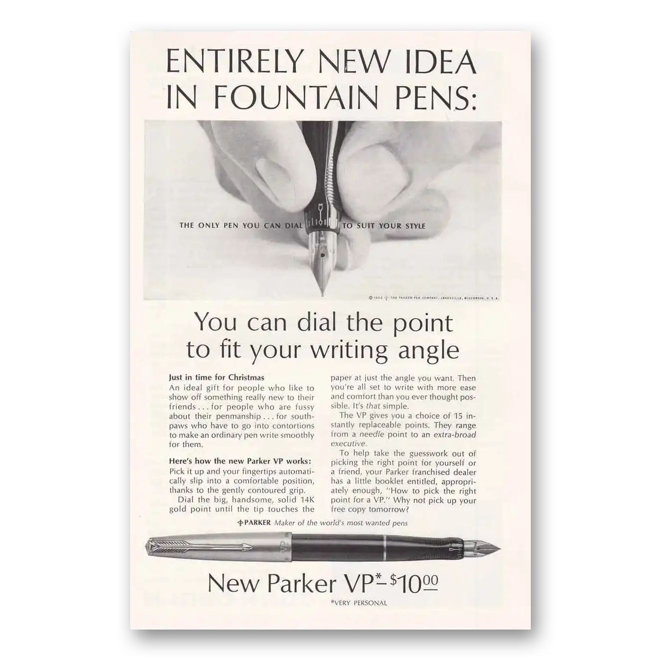 1962 Parker VP Pen Dial the Point Vintage Magazine Print Ad