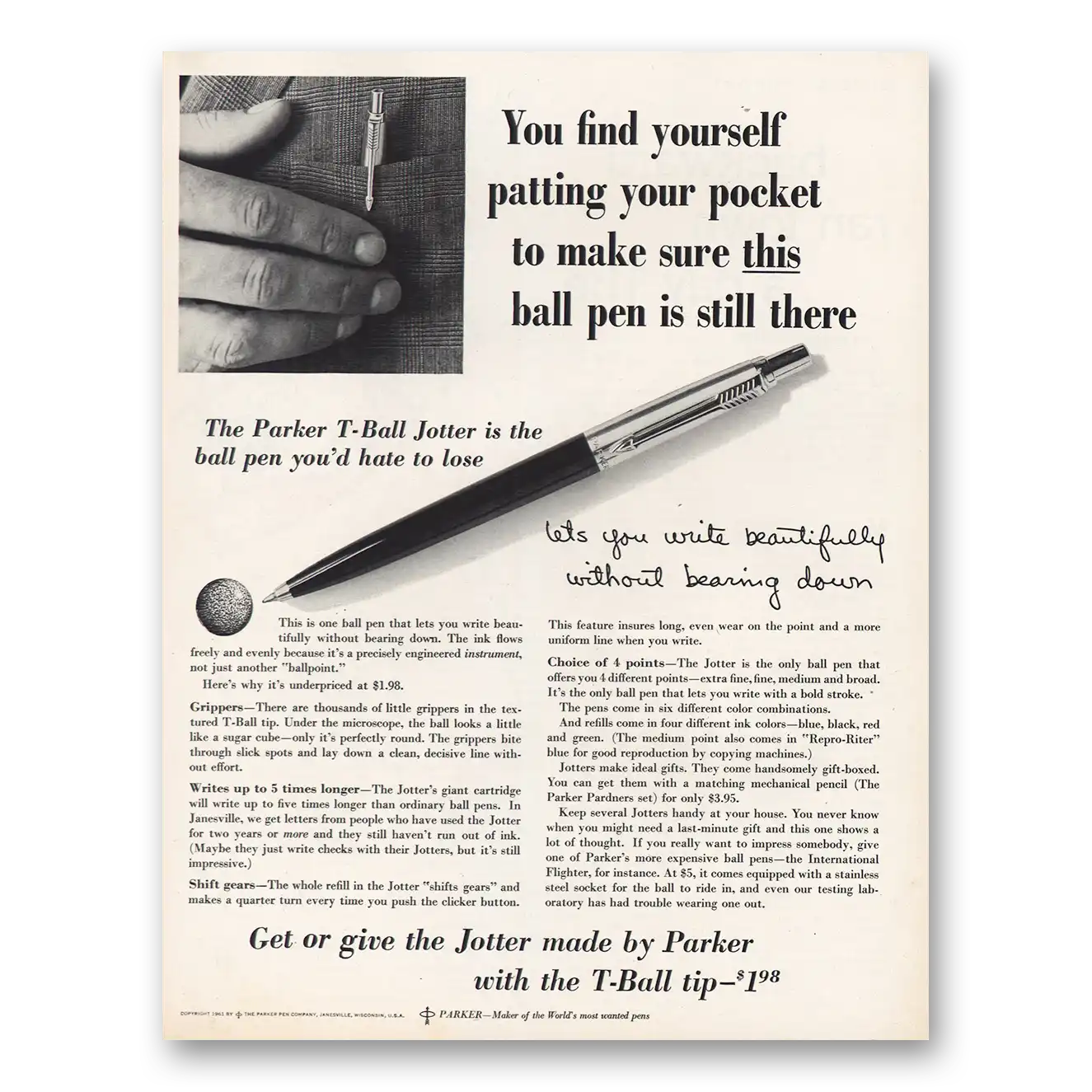 1962 Parker T Ball Jotter Pen Patting Your Pocket Vintage Magazine Print Ad