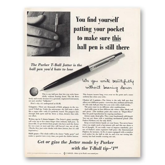 1962 Parker T Ball Jotter Pen Patting Your Pocket Vintage Magazine Print Ad