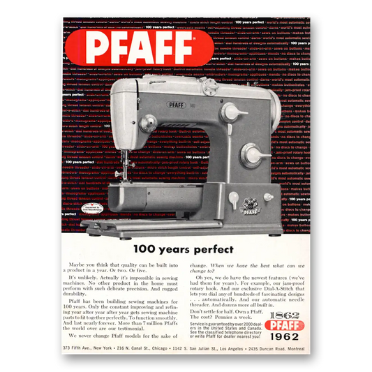 1962 Pfaff Sewing Machines 100 Years Perfect Vintage Magazine Print Ad