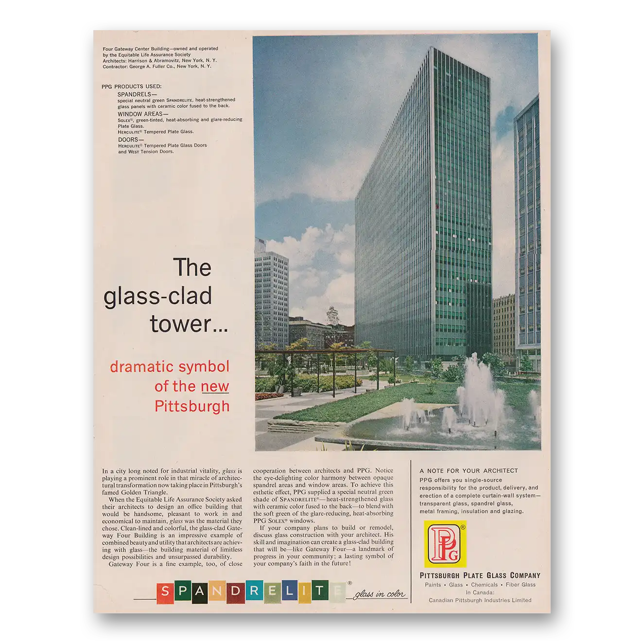 1962 PPG Pittsburgh Plate Glass Glass Clad Tower Vintage Magazine Print Ad