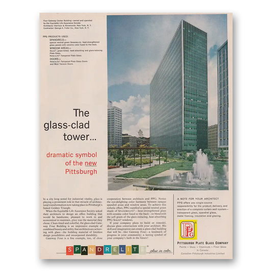 1962 PPG Pittsburgh Plate Glass Glass Clad Tower Vintage Magazine Print Ad