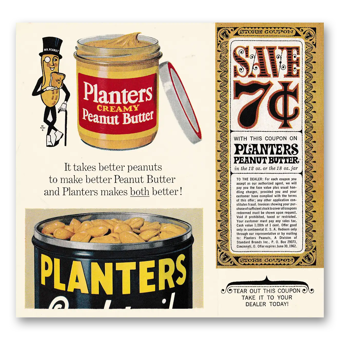 1962 Planters Peanut Butter Takes Better Peanuts Vintage Magazine Print Ad