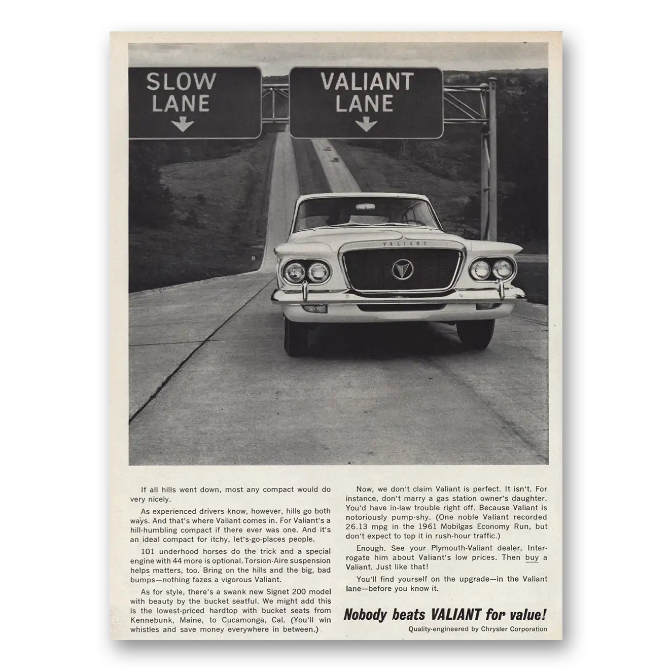 1961 Plymouth Valiant Slow Lane Valiant Lane Vintage Magazine Print Ad