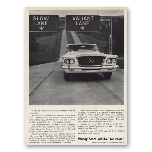 1961 Plymouth Valiant Slow Lane Valiant Lane Vintage Magazine Print Ad