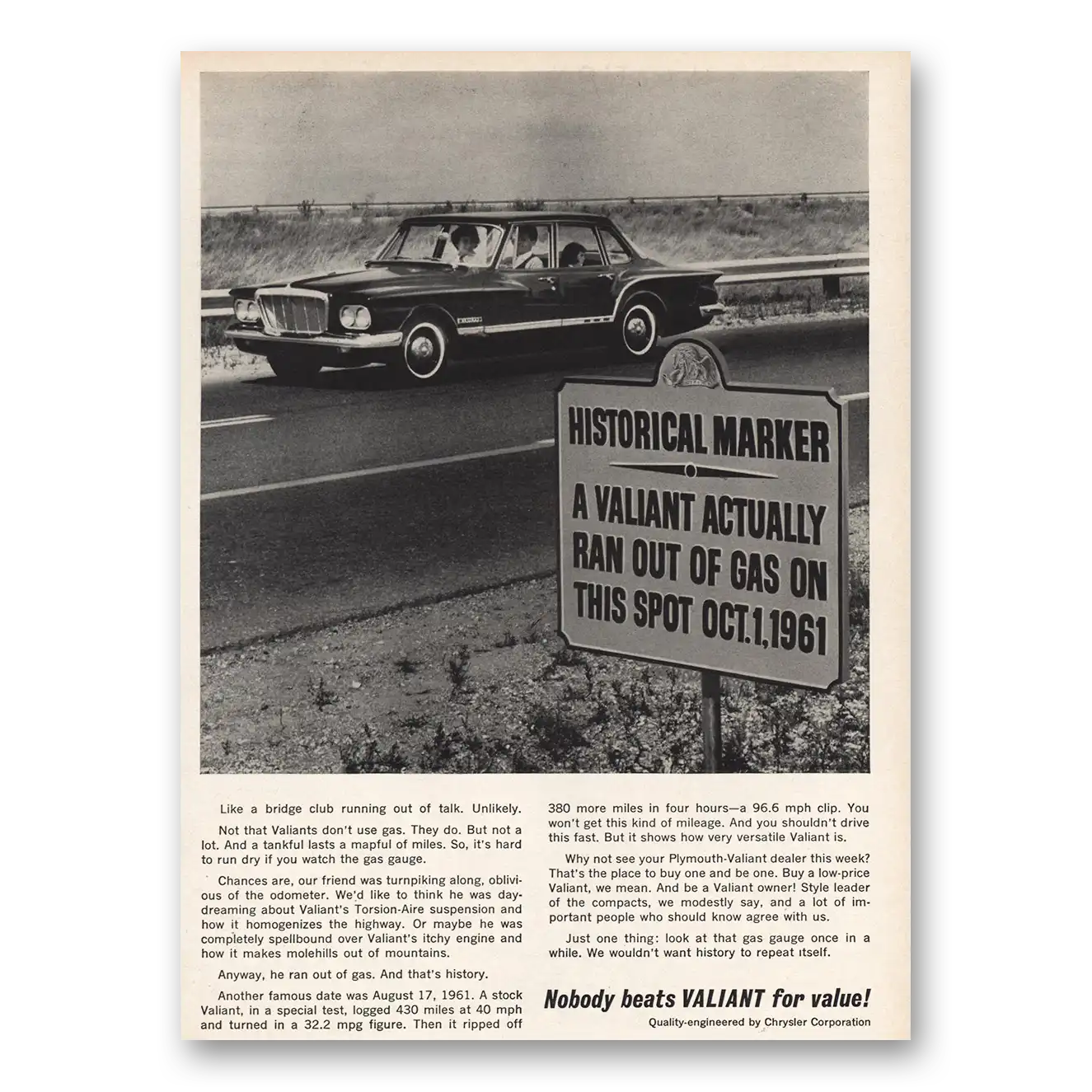 1961 Plymouth Valiant Historical Marker Vintage Magazine Print Ad