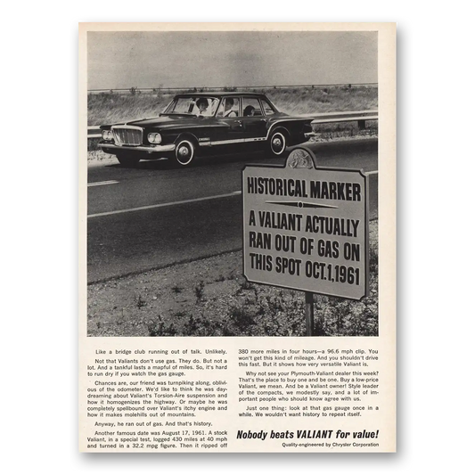 1961 Plymouth Valiant Historical Marker Vintage Magazine Print Ad