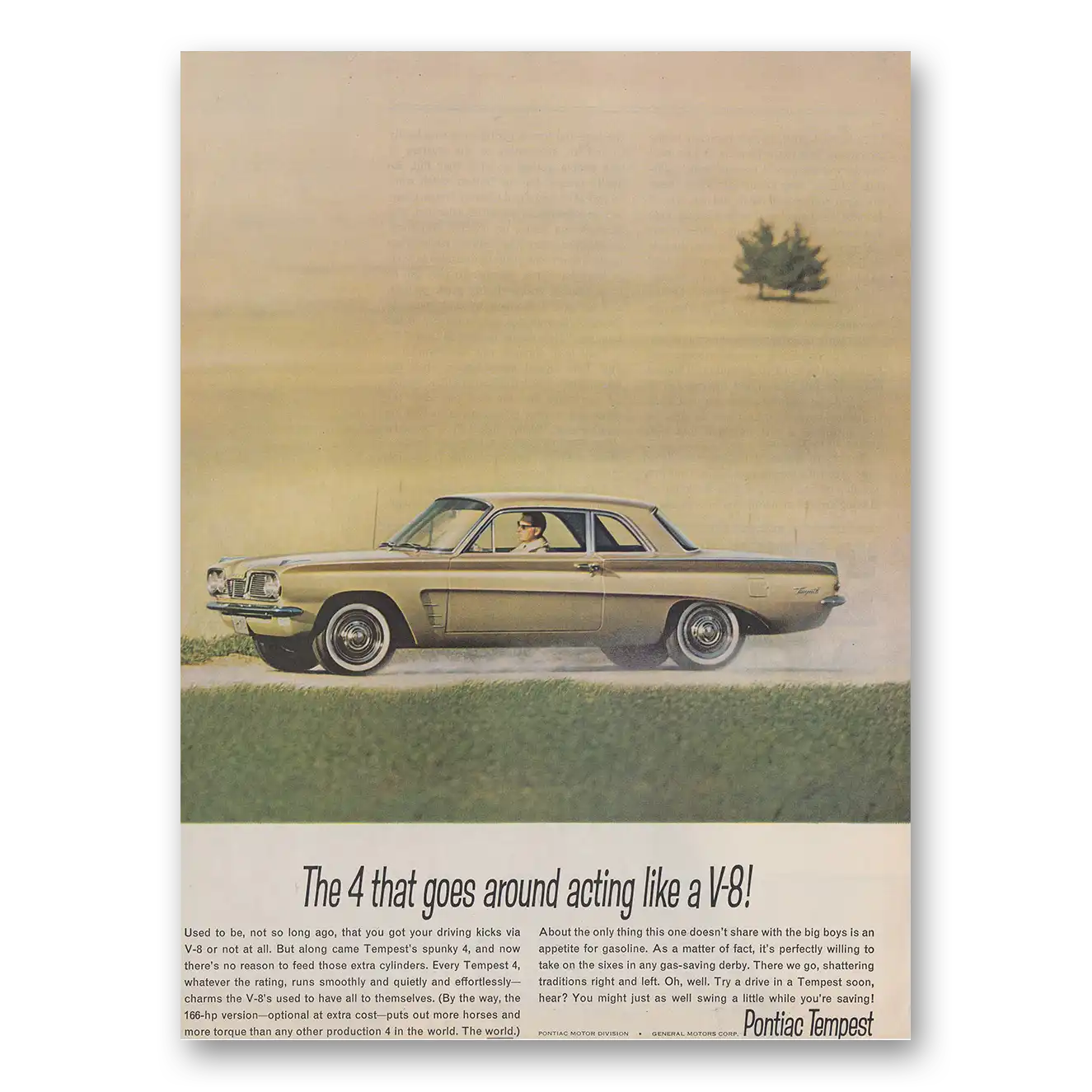 1962 Pontiac Tempest Goes Around Acting Like a V8 Vintage Magazine Print Ad