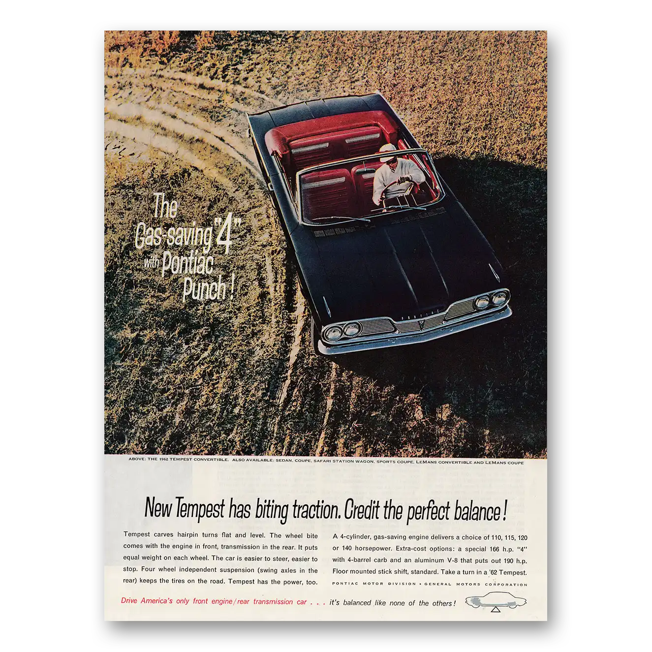 1962 Pontiac Tempest Biting Traction Vintage Magazine Print Ad