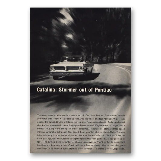 1962 Pontiac Catalina Stormer Out of Pontiac Vintage Magazine Print Ad