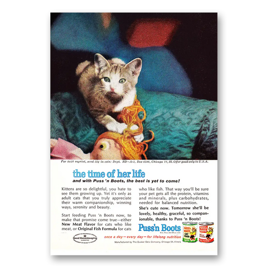 1962 Puss n Boots Time of Her Life Vintage Magazine Print Ad