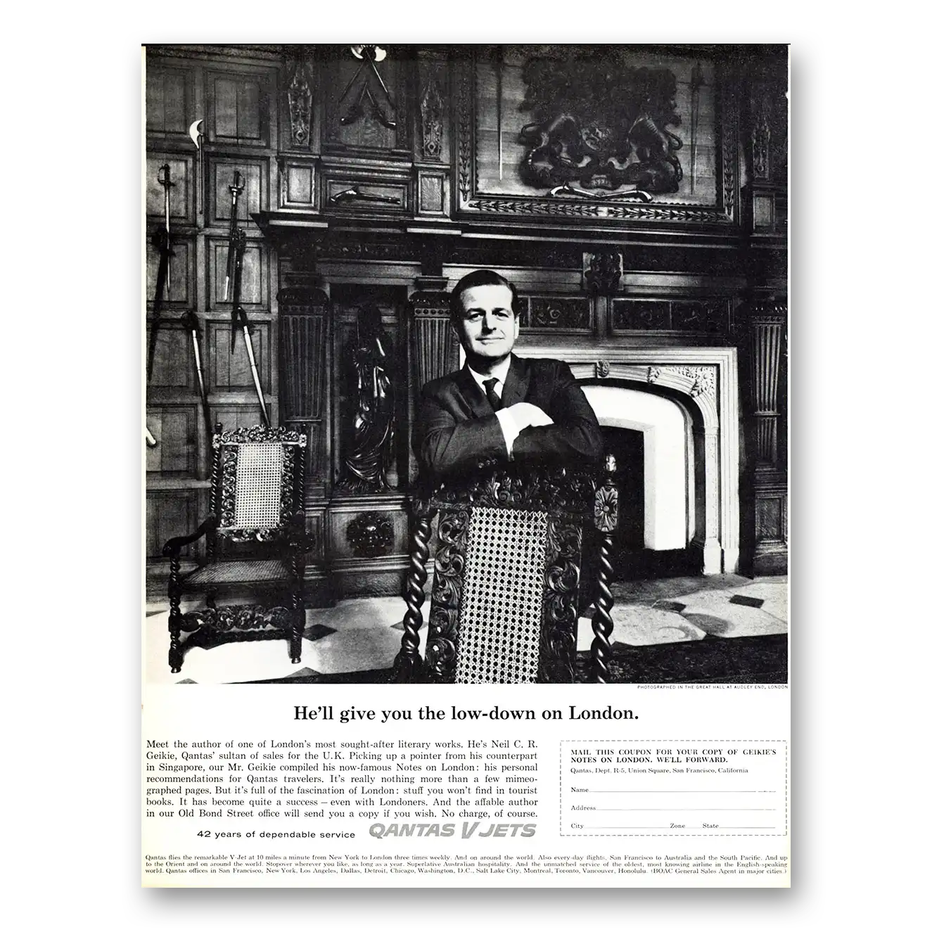 1962 Qantas Airlines Low Down On London Vintage Magazine Print Ad