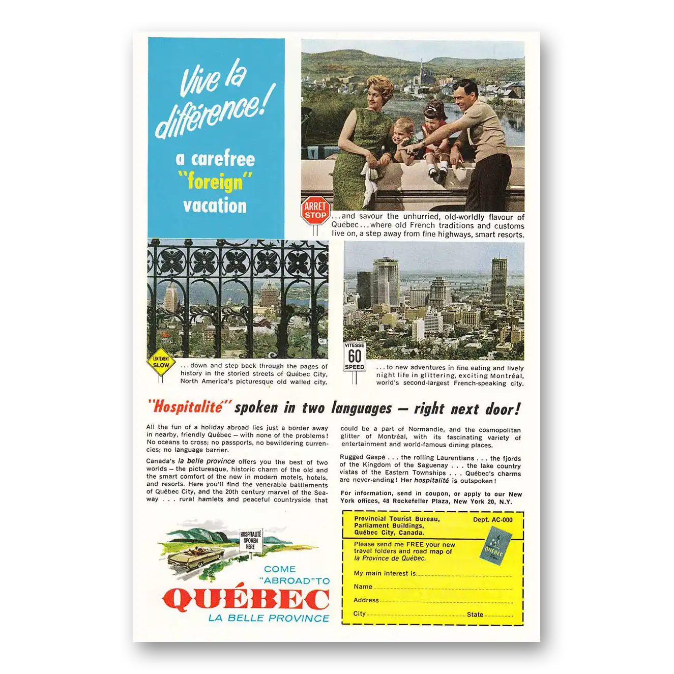 1962 Quebec Canada Vive La Difference Vintage Magazine Print Ad