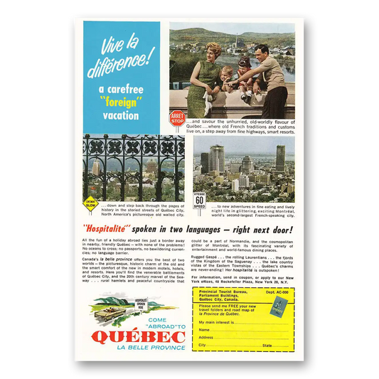 1962 Quebec Canada Vive La Difference Vintage Magazine Print Ad