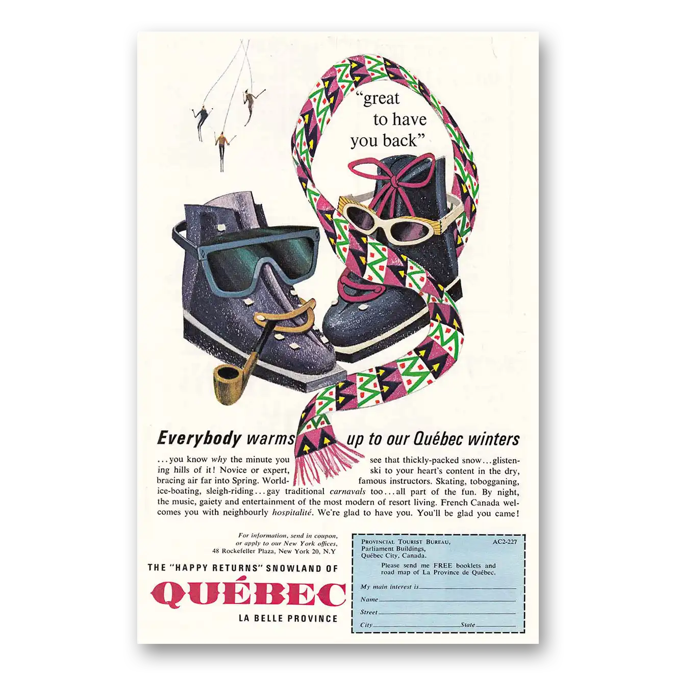 1962 Quebec Canada Everybody Warms Up Vintage Magazine Print Ad