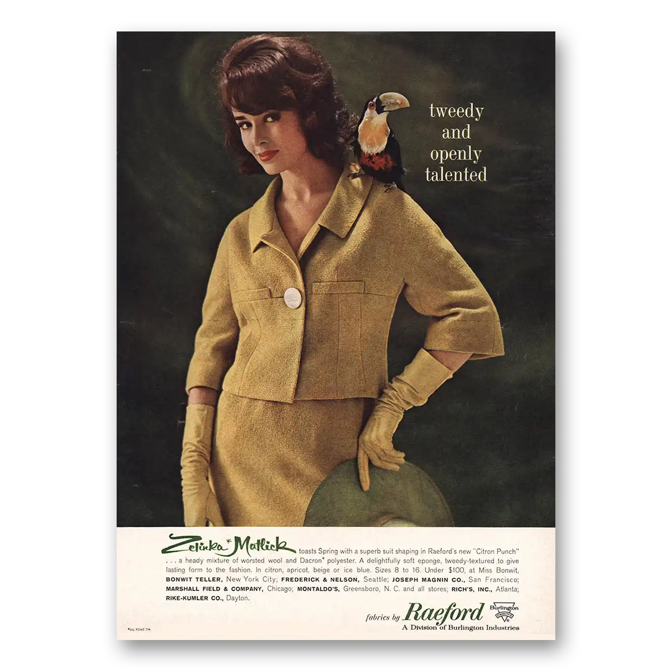 1962 Raeford Fabrics Zelinka Matlick Tweedy Openly Talented Vintage Magazine Print Ad