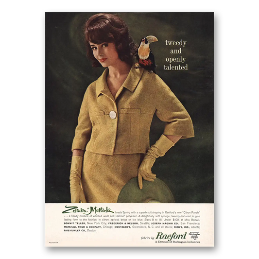 1962 Raeford Fabrics Zelinka Matlick Tweedy Openly Talented Vintage Magazine Print Ad