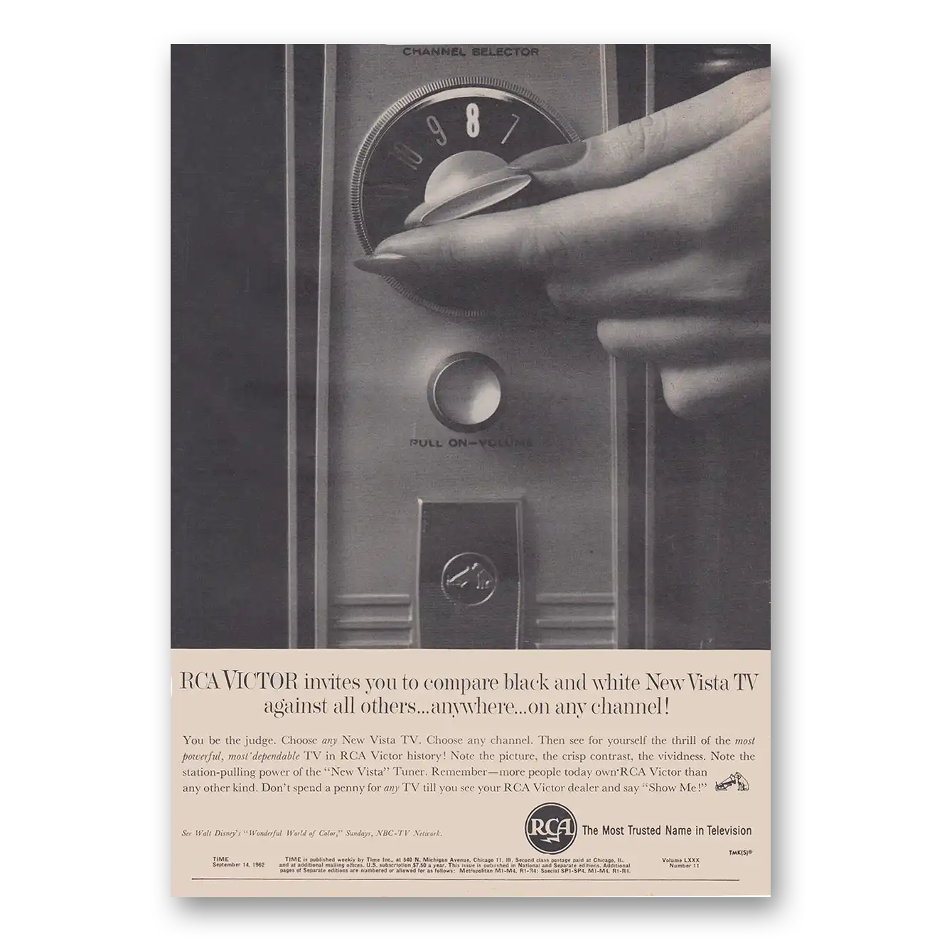 1962 RCA Television Vista TV Channel Selector Black and White Vintage Magazine Print Ad