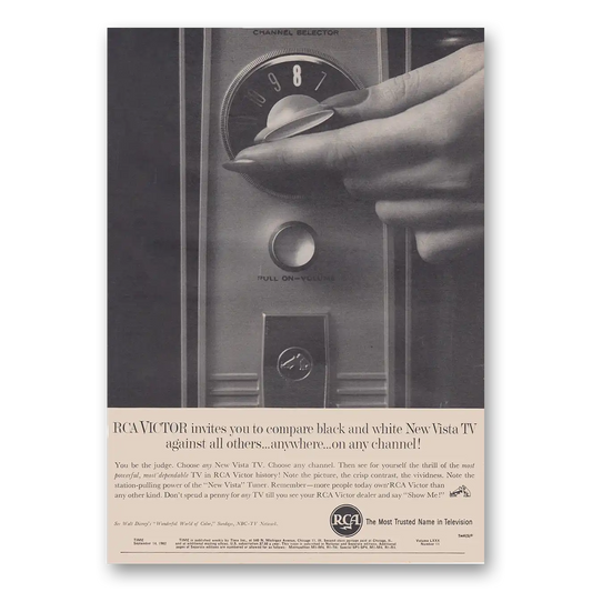 1962 RCA Television Vista TV Channel Selector Black and White Vintage Magazine Print Ad