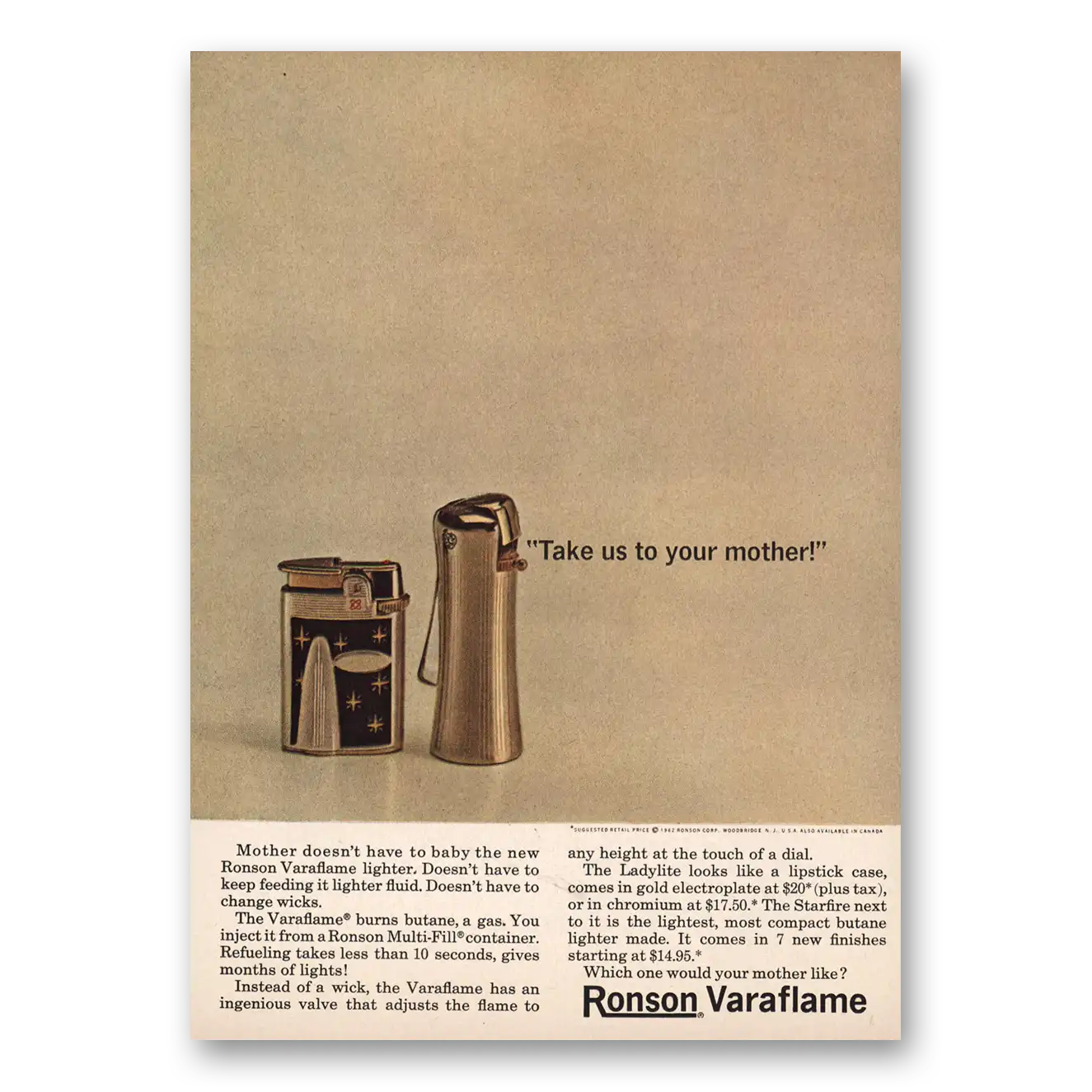 1962 Ronson Varaflame Lighters Take Us to Your Mother Vintage Magazine Print Ad