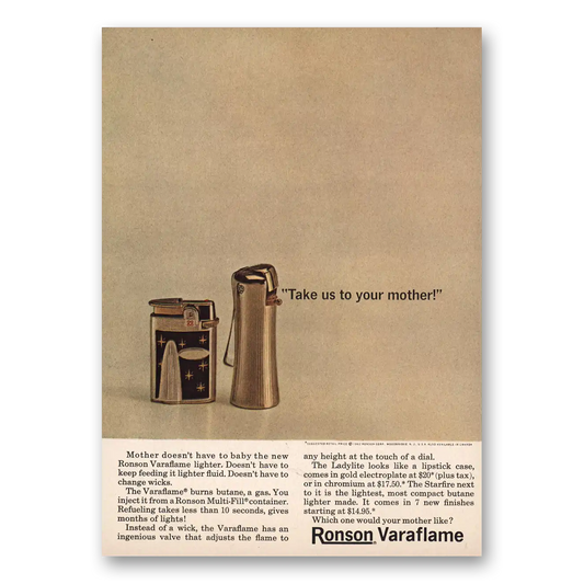 1962 Ronson Varaflame Lighters Take Us to Your Mother Vintage Magazine Print Ad