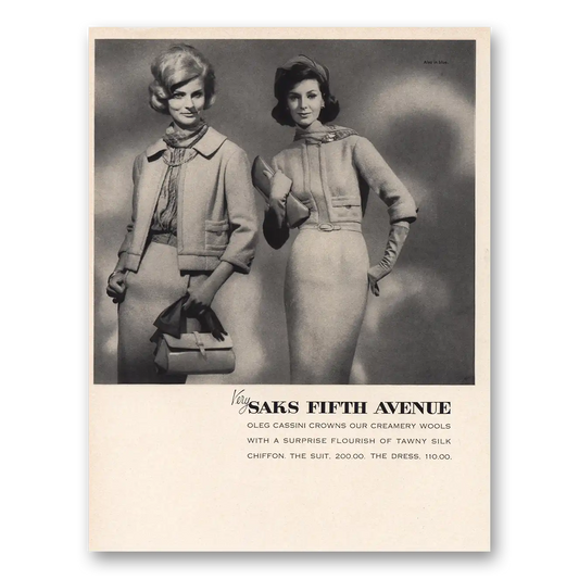 1962 Saks Fifth Avenue Oleg Cassini Crowns Creamery Wools Vintage Magazine Print Ad