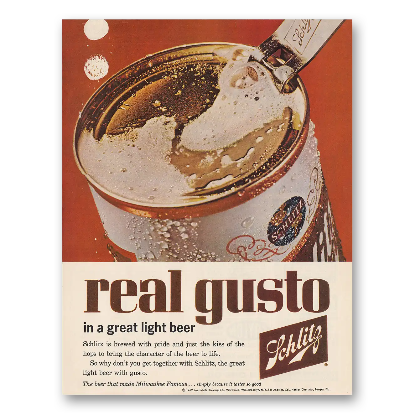 1962 Schlitz Beer Real Gusto Vintage Magazine Print Ad