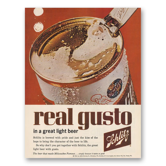 1962 Schlitz Beer Real Gusto Vintage Magazine Print Ad