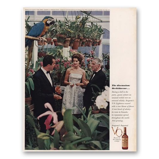 1962 Seagrams VO Whisky Discussion Orchidaceae Vintage Magazine Print Ad