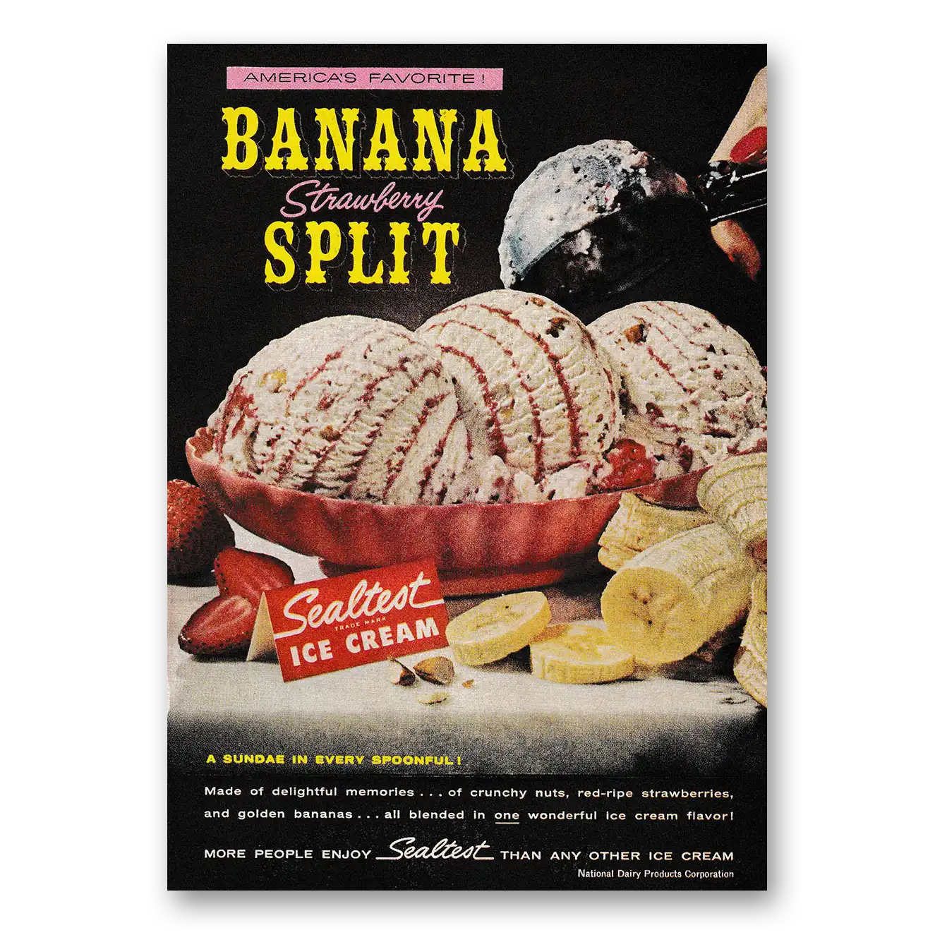 1962 Sealtest Banana Strawberry Split Ice Cream Sundae In Every Spoonful Vintage Magazine Print Ad