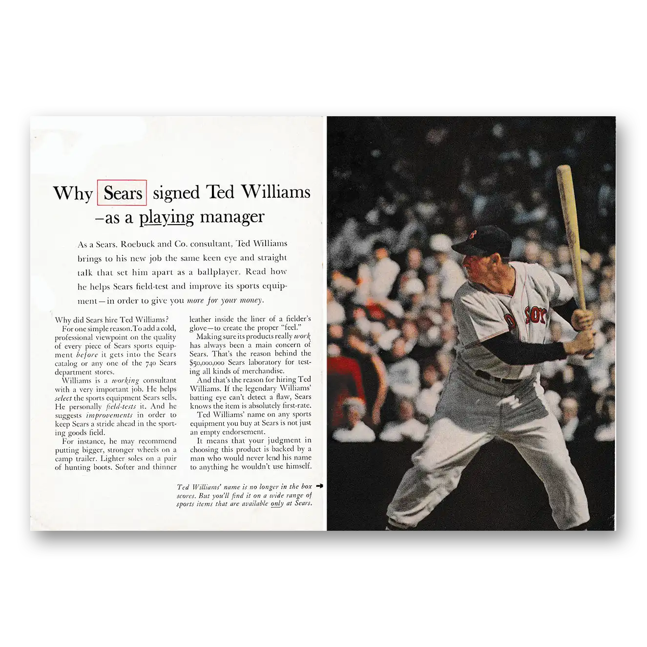 1962 Sears Stores Why Sears Signed Ted Williams Vintage Magazine Print Ad