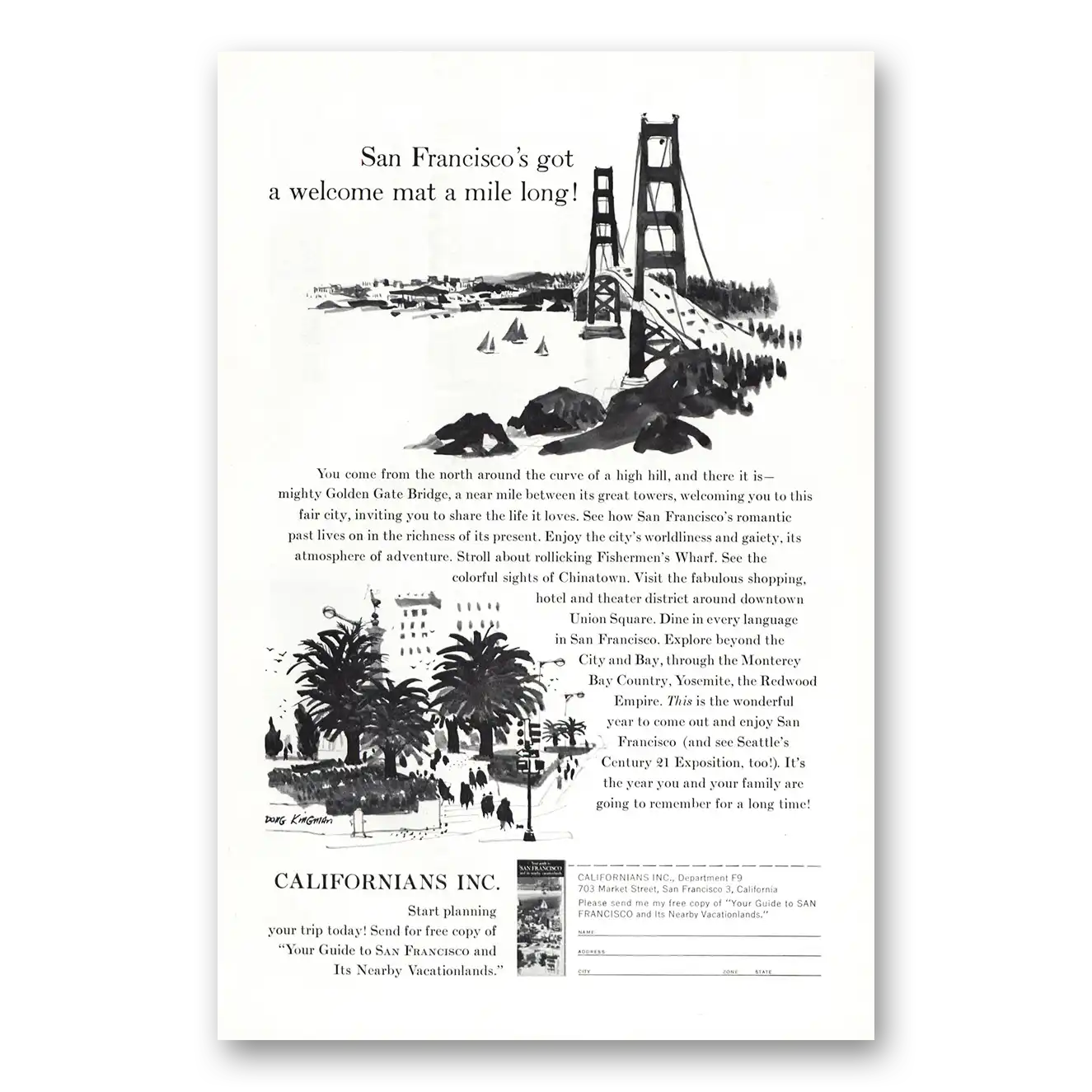 1962 San Francisco California Welcome Mat Mile Long Vintage Magazine Print Ad