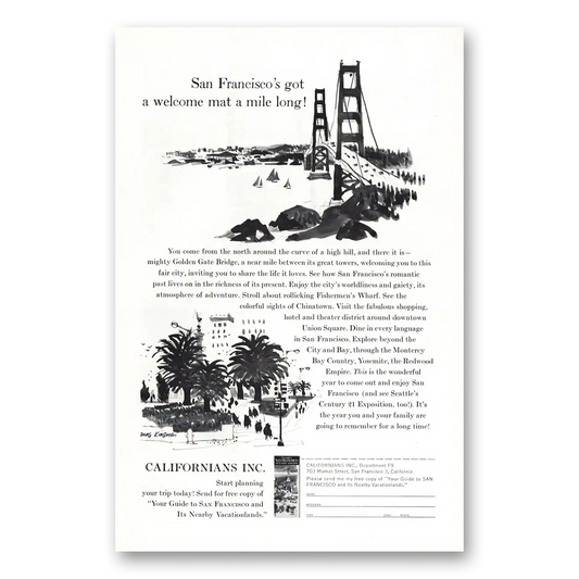 1962 San Francisco California Welcome Mat Mile Long Vintage Magazine Print Ad