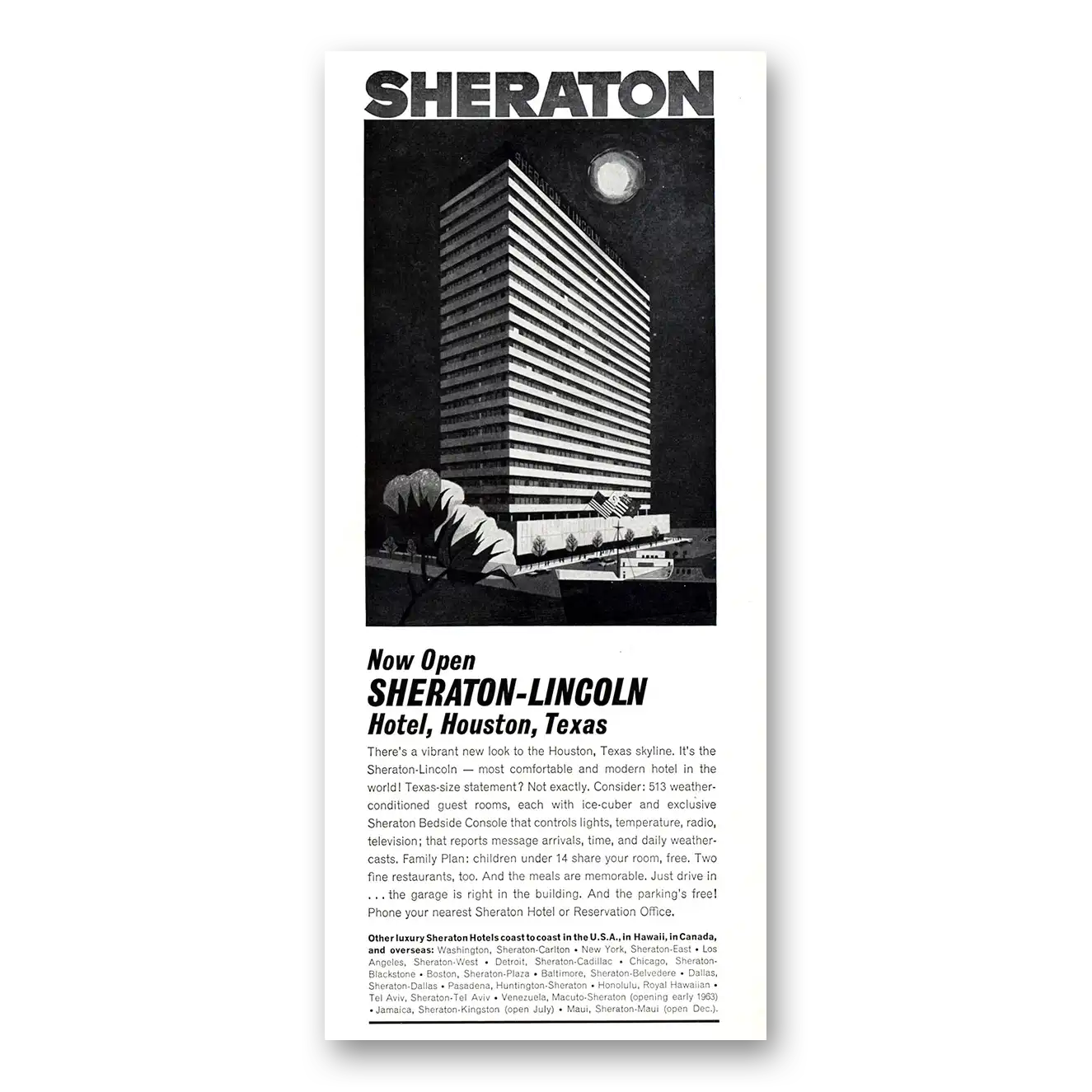 1962 Sheraton Lincoln Hotel Houston Texas Vintage Magazine Print Ad