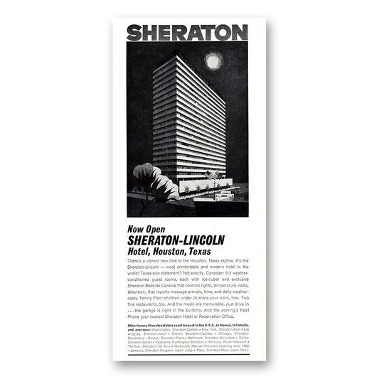 1962 Sheraton Lincoln Hotel Houston Texas Vintage Magazine Print Ad