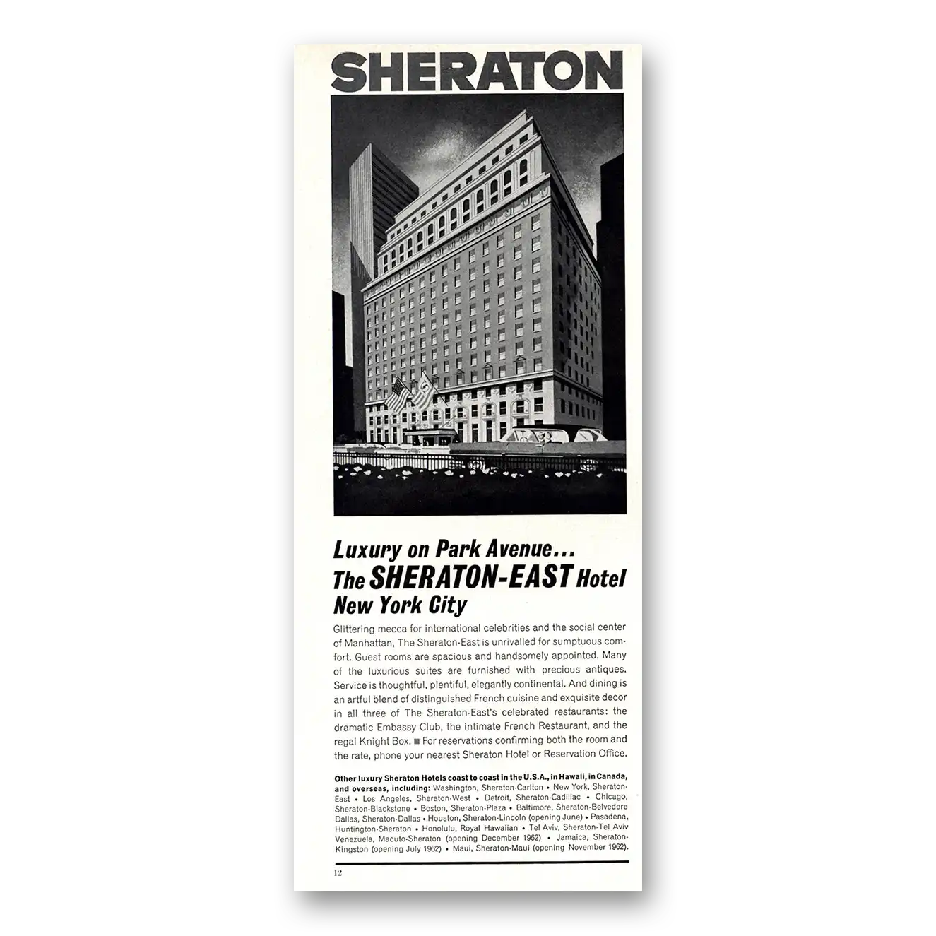 1962 Sheraton East Park Avenue Hotel Luxury on Park Avenue Vintage Magazine Print Ad