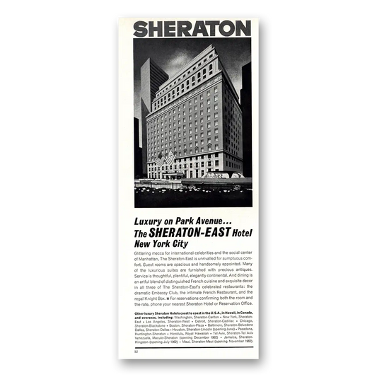 1962 Sheraton East Park Avenue Hotel Luxury on Park Avenue Vintage Magazine Print Ad