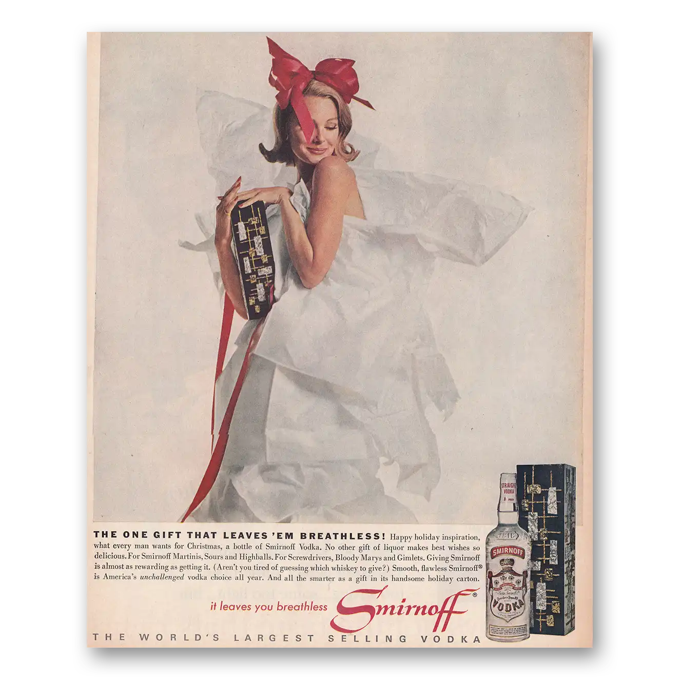 1962 Smirnoff Vodka Gift That Leaves Em Breathless Vintage Magazine Print Ad