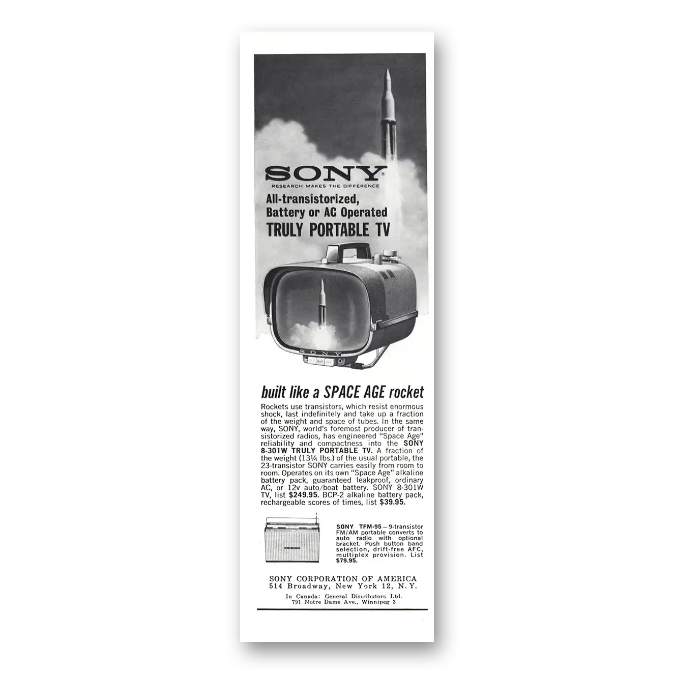 1962 Sony Portable TV Space Age Rocket Vintage Magazine Print Ad