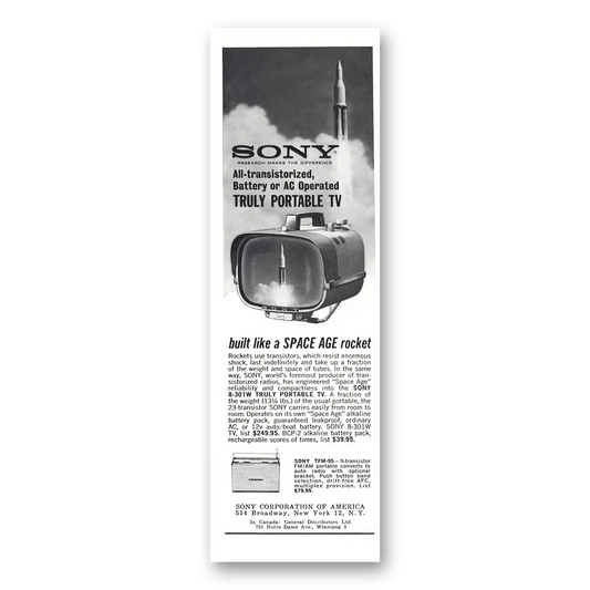 1962 Sony Portable TV Space Age Rocket Vintage Magazine Print Ad